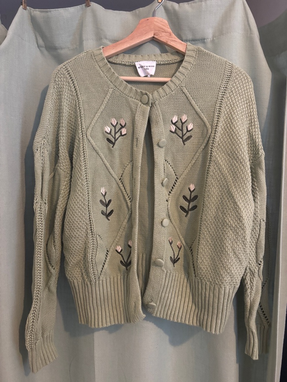 Embroidered Olive Green Button-Front Knit Cardigan